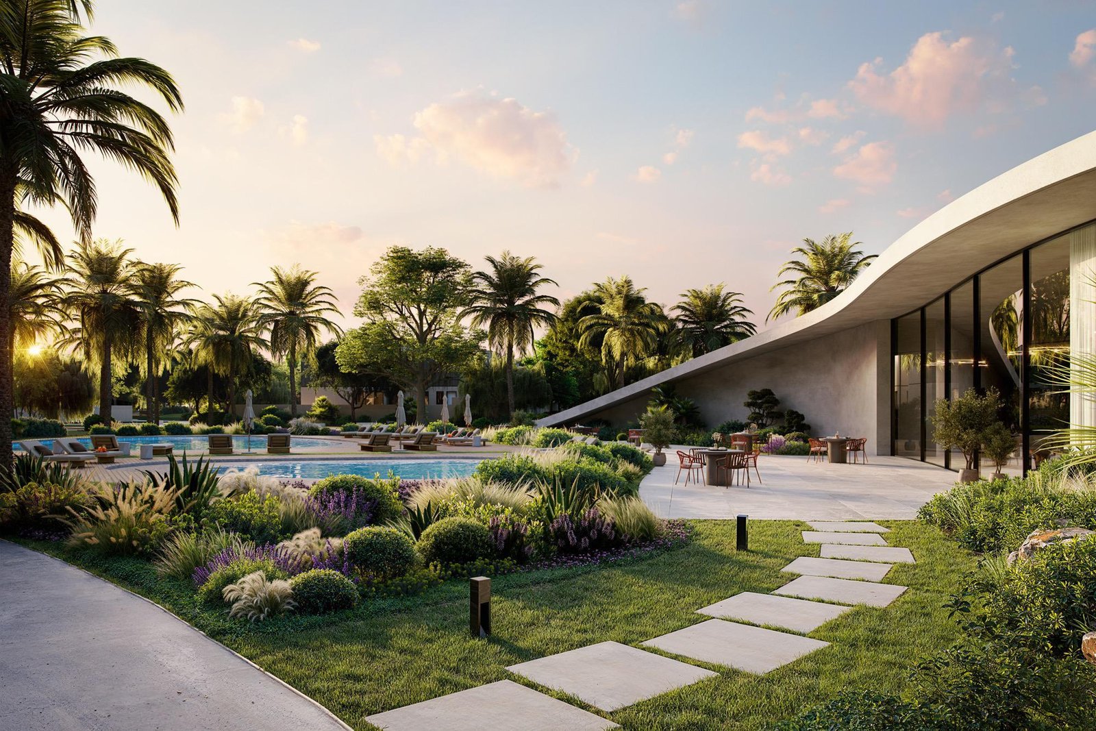 Serene reflection pools, meditation pavilions, and wellness retreats at Fay Hills, Abu Dhabi highlighting tranquil eco-luxury living and modern sustainable design.