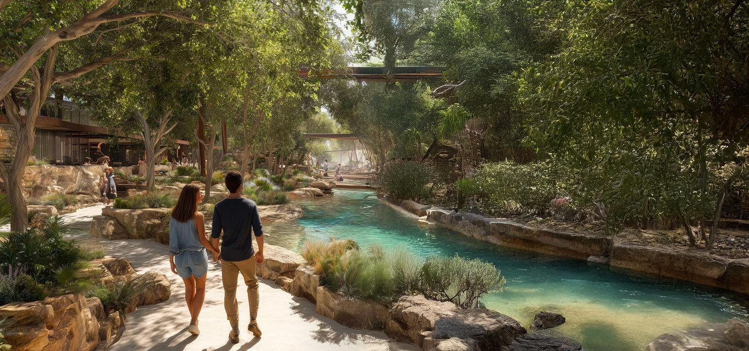 Panoramic aerial perspective of Fay Hills Masdar City featuring sustainable luxury villas, verdant landscaped pathways, and wellness-inspired community living.